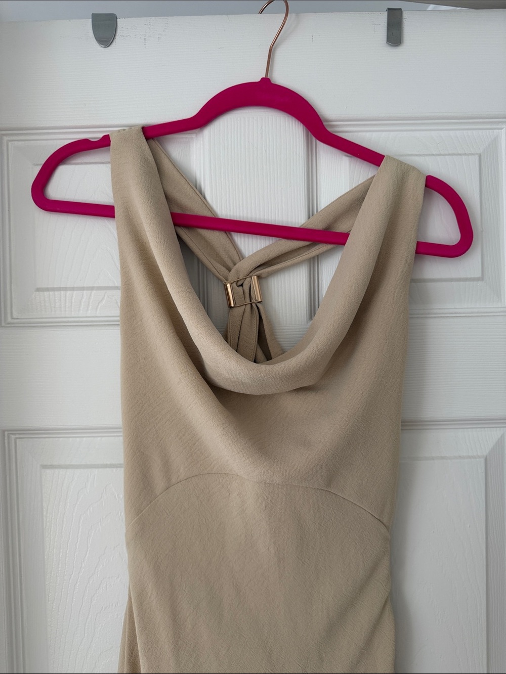 Beige Cowl-Neck Maxi Dress with Gold Detail - Picture 2 of 4